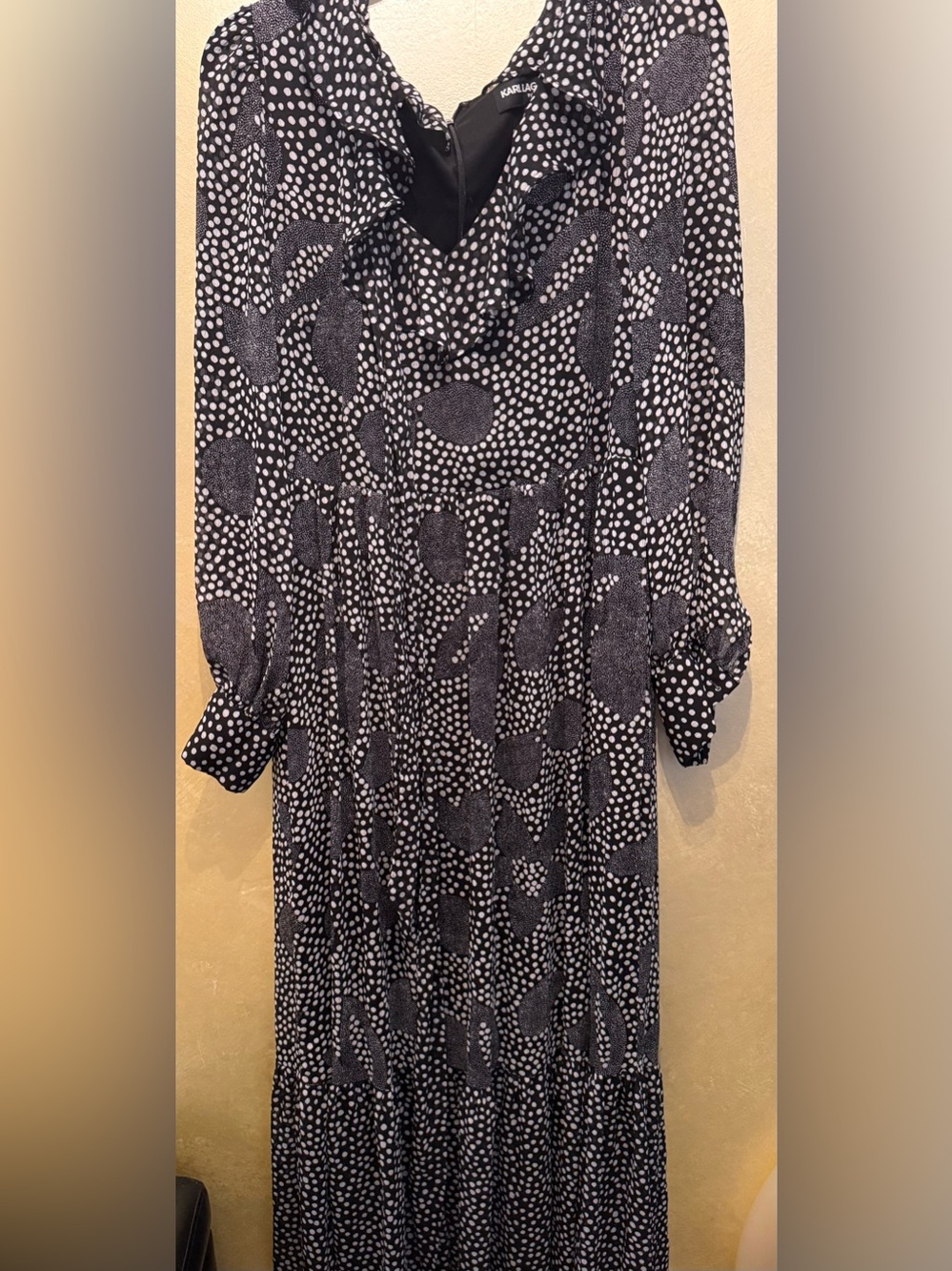 Karl Lagerfeld Black and White Long Sleeve Polka Dot Midi Dress